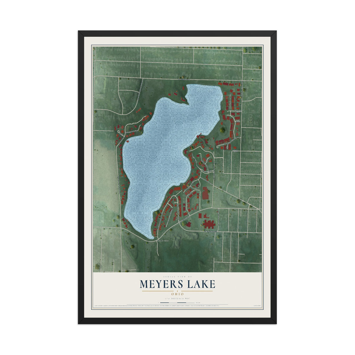 Map of Meyers Lake, Ohio, 12 x 18 inch print in a black wood frame