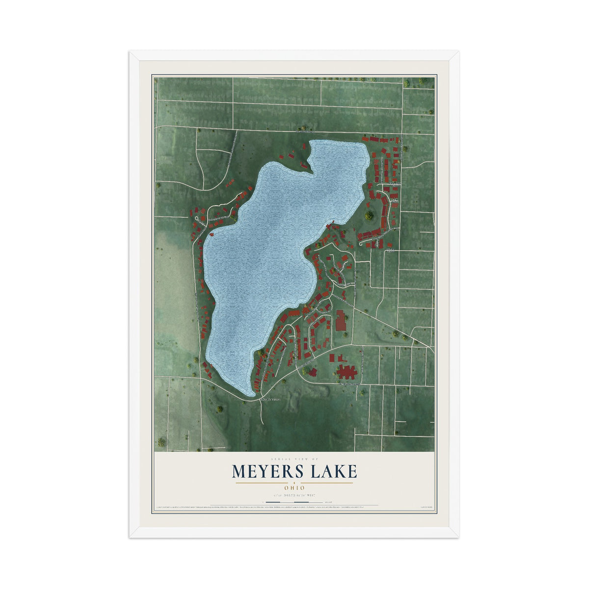 Map of Meyers Lake, Ohio, 12 x 18 inch print in a white wood frame