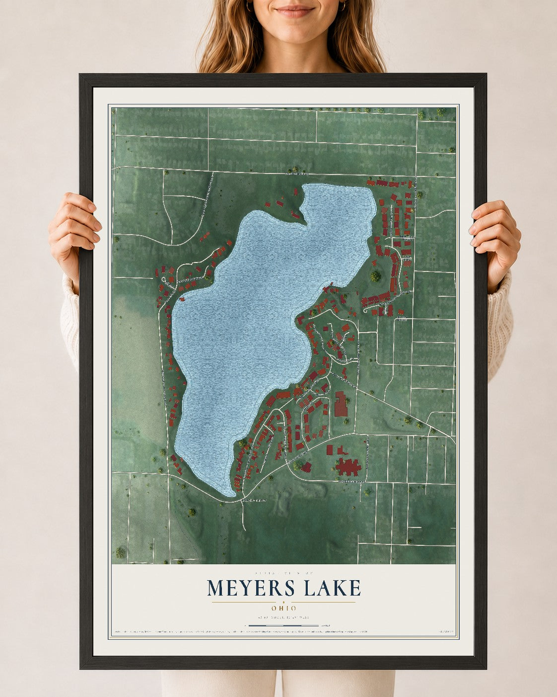 Map of Meyers Lake, Ohio, 24 x 36 inch print in a black wood frame