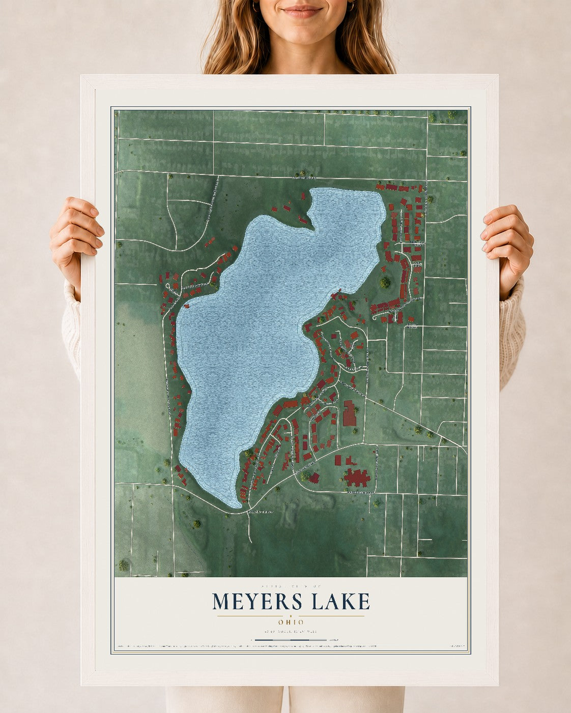 Map of Meyers Lake, Ohio, 24 x 36 inch print in a white wood frame
