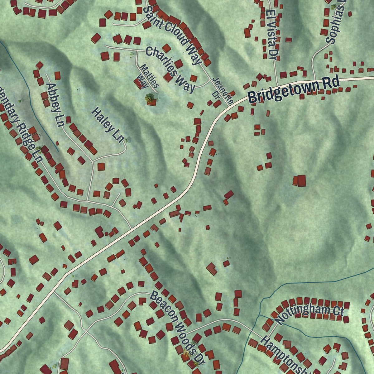 Second close-up of the map of Miami Heights, Ohio print showing more streets and buildings