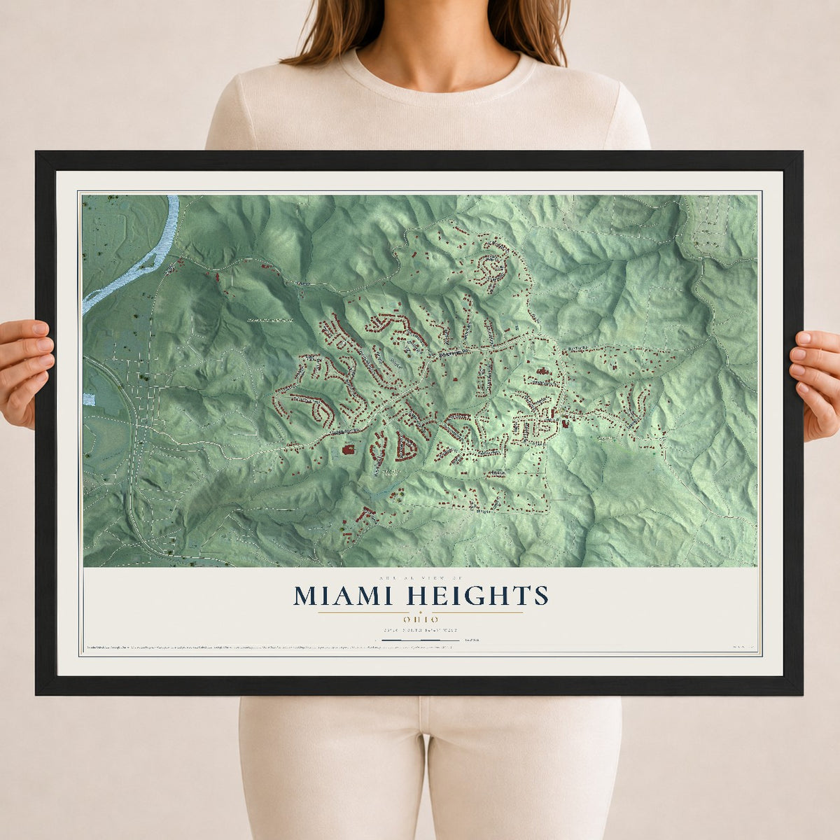 Map of Miami Heights, Ohio, 18 x 24 inch print in a black wood frame
