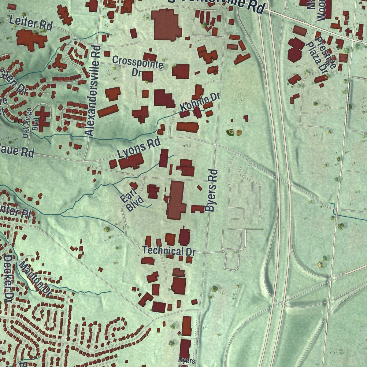 Second close-up of the map of Miamisburg, Ohio print showing more streets and buildings