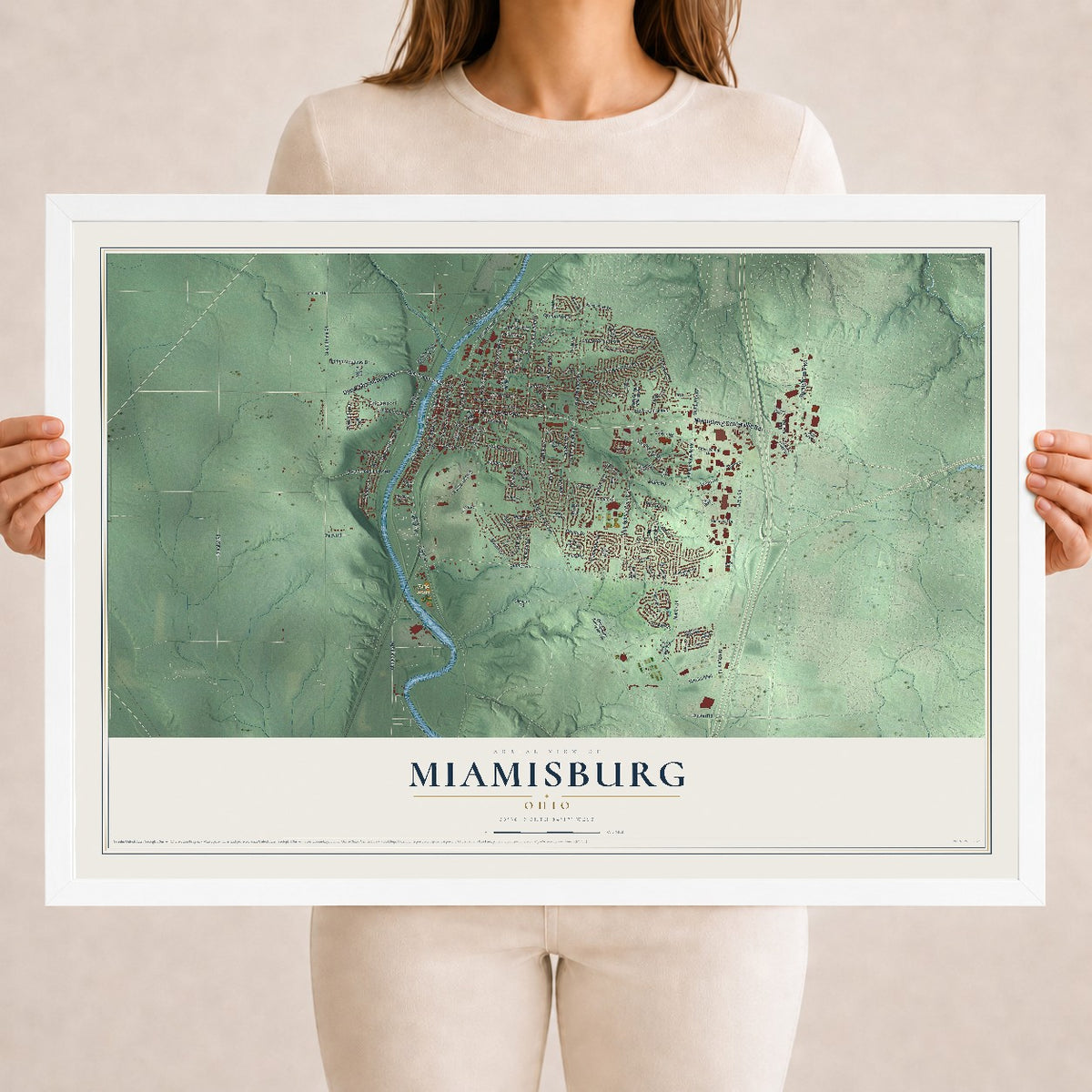Map of Miamisburg, Ohio, 18 x 24 inch print in a white wood frame