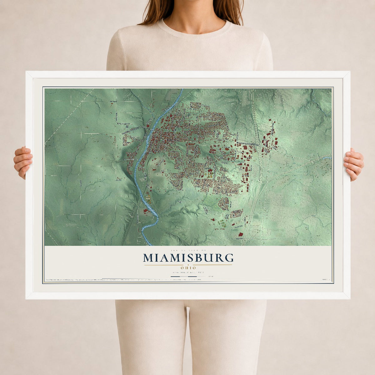 Map of Miamisburg, Ohio, 24 x 36 inch print in a white wood frame