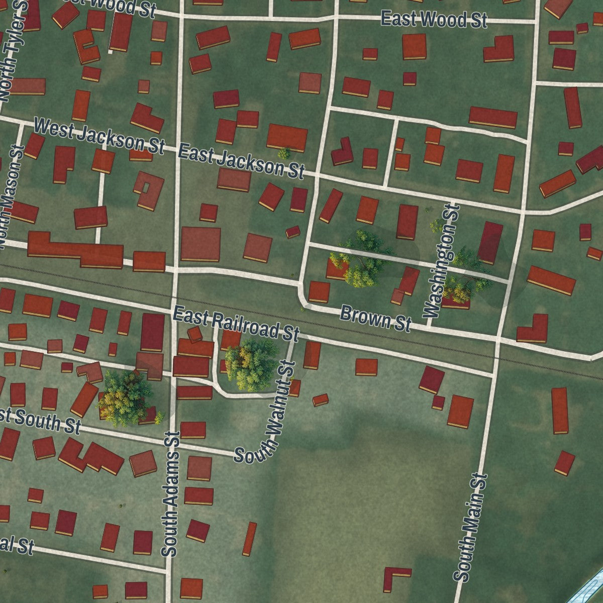 Close-up of the map of Middle Point, Ohio print showing street and building detail
