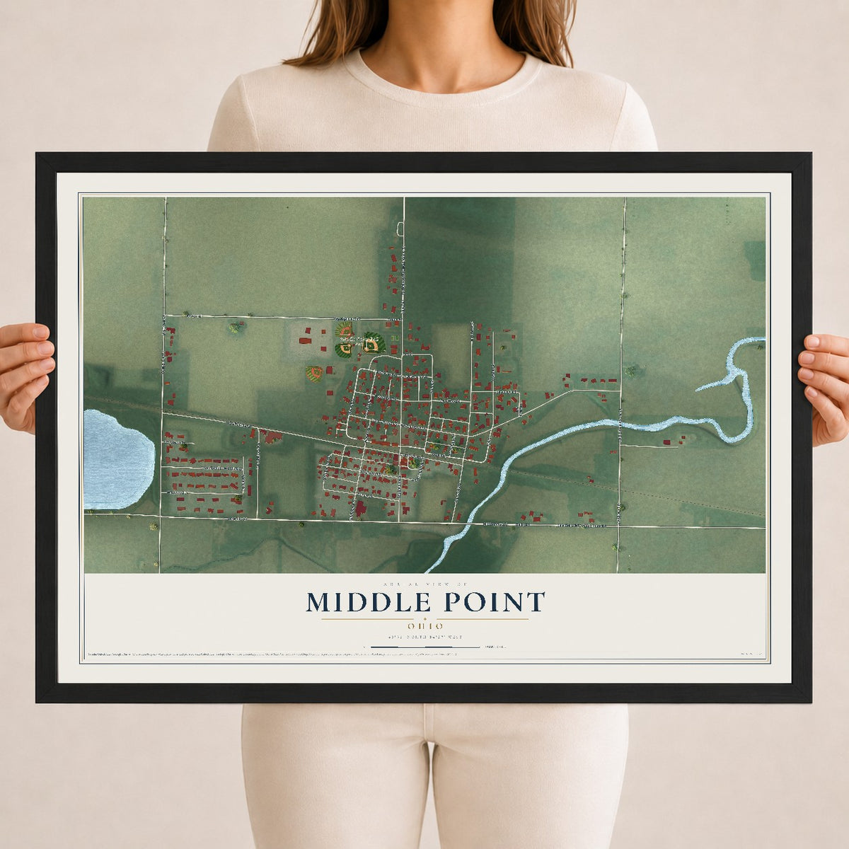 Map of Middle Point, Ohio, 18 x 24 inch print in a black wood frame