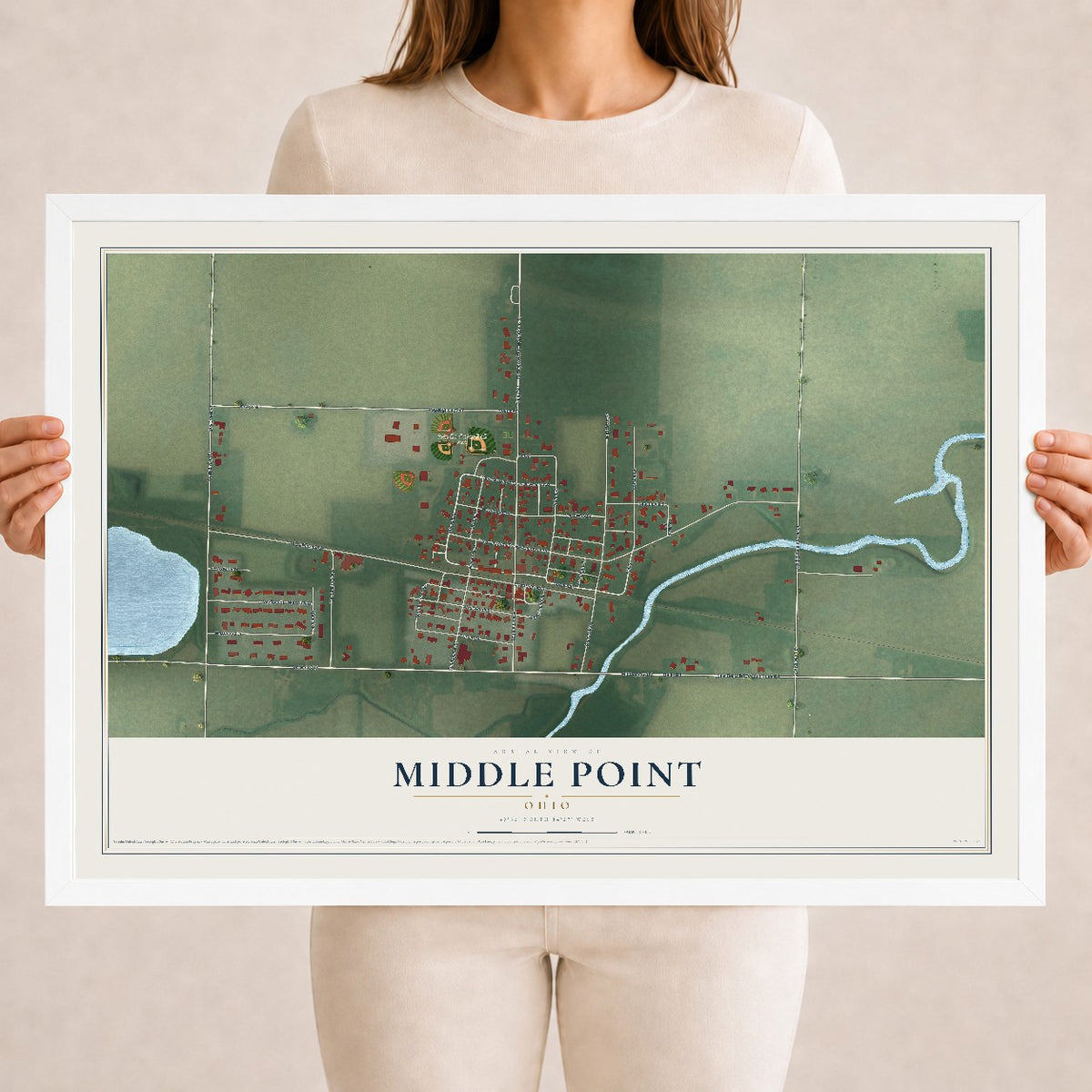 Map of Middle Point, Ohio, 18 x 24 inch print in a white wood frame