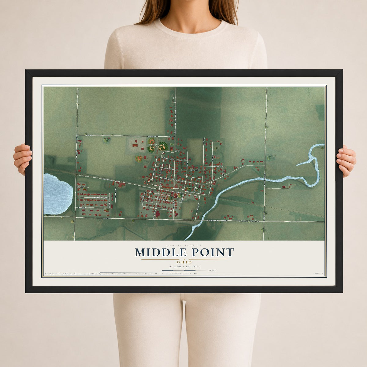 Map of Middle Point, Ohio, 24 x 36 inch print in a black wood frame