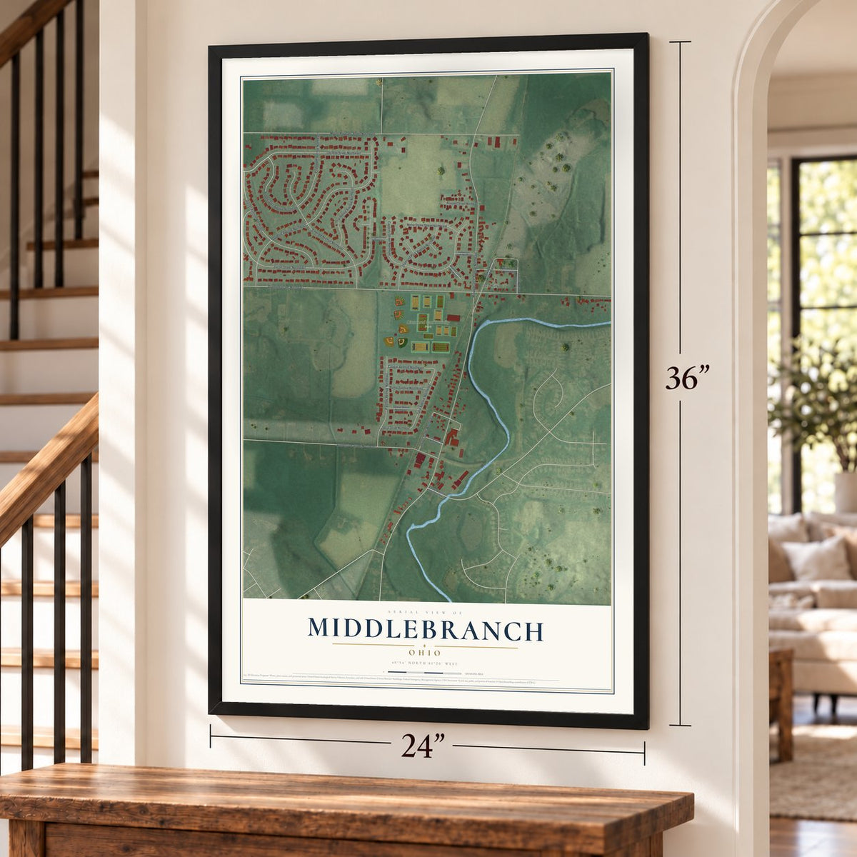 Middlebranch, Ohio map, 24 x 36 inch print in a black frame by a staircase