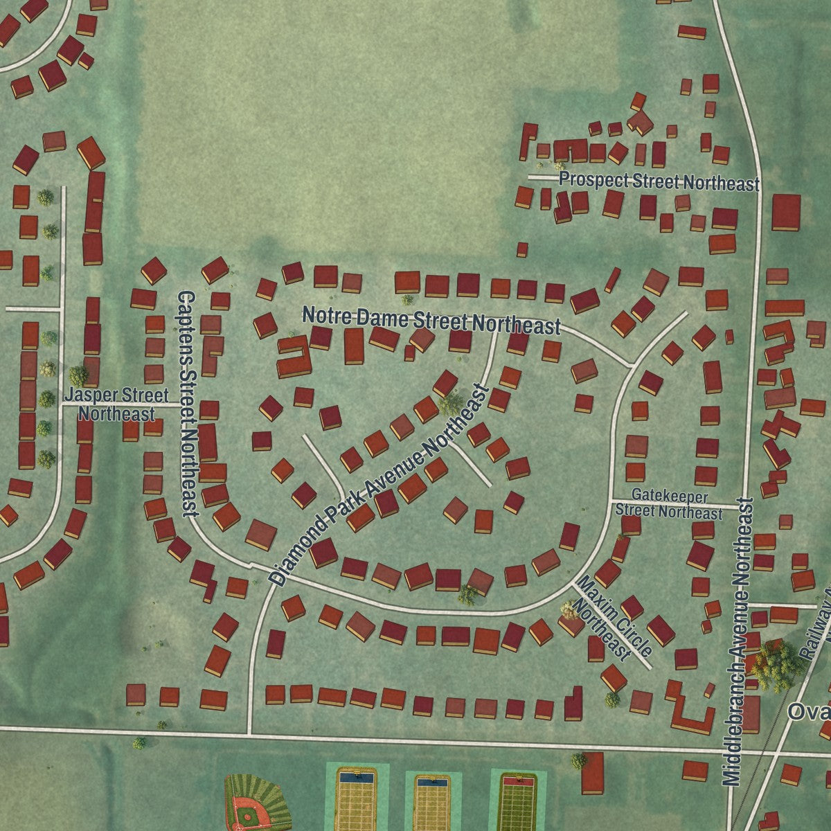 Close-up of the map of Middlebranch, Ohio print showing street and building detail