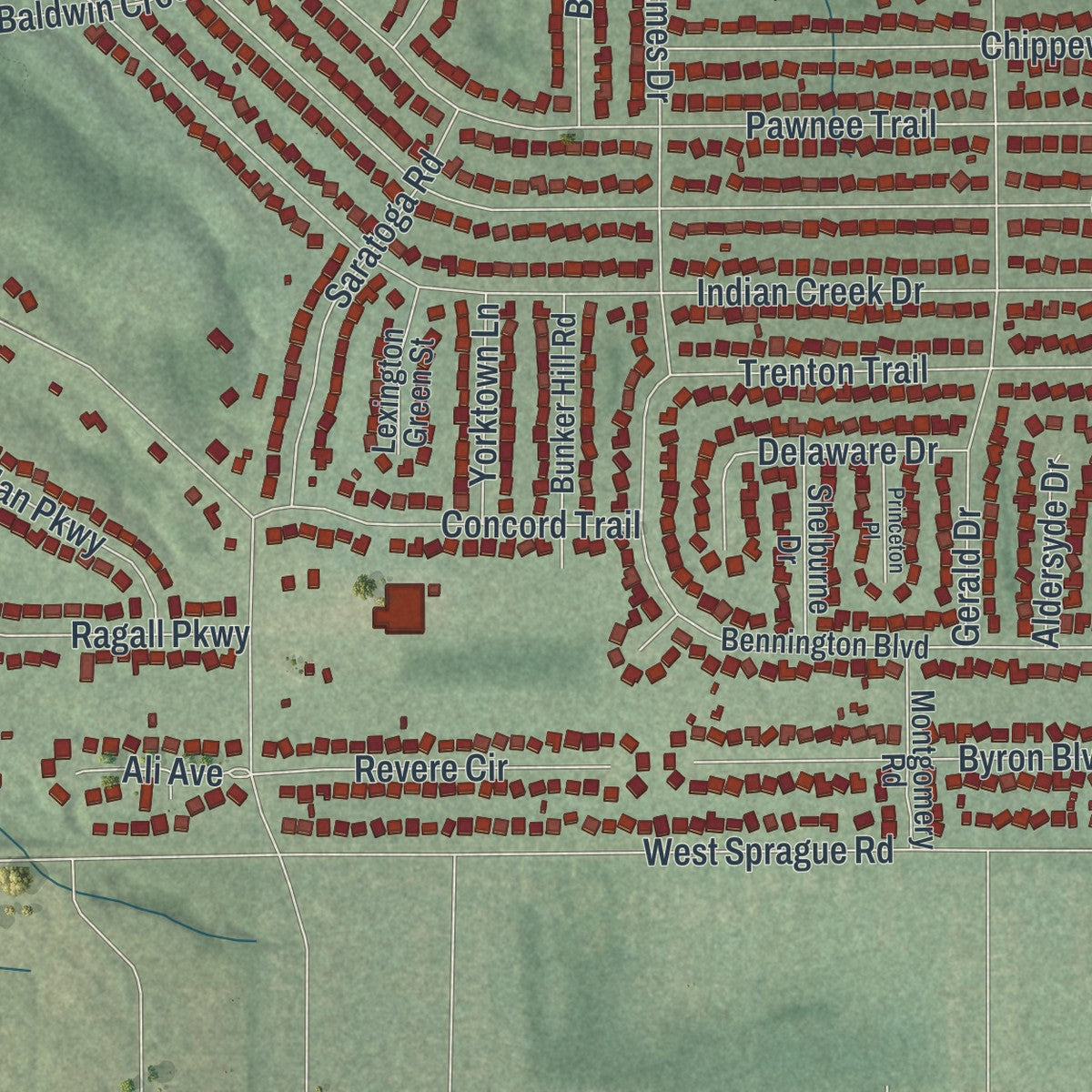 Close-up of the map of Middleburg Heights, Ohio print showing street and building detail
