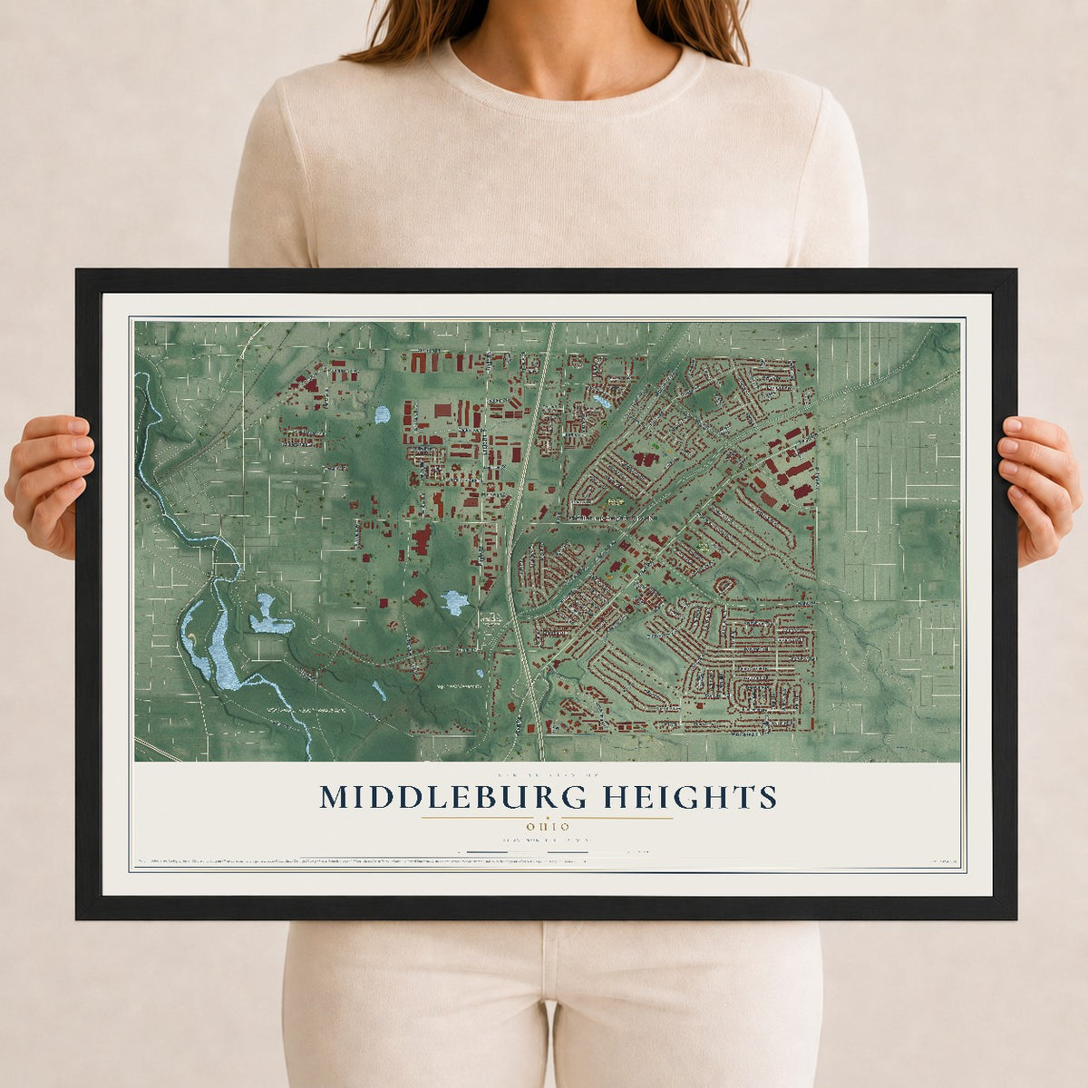 Map of Middleburg Heights, Ohio, 12 x 18 inch print in a black wood frame