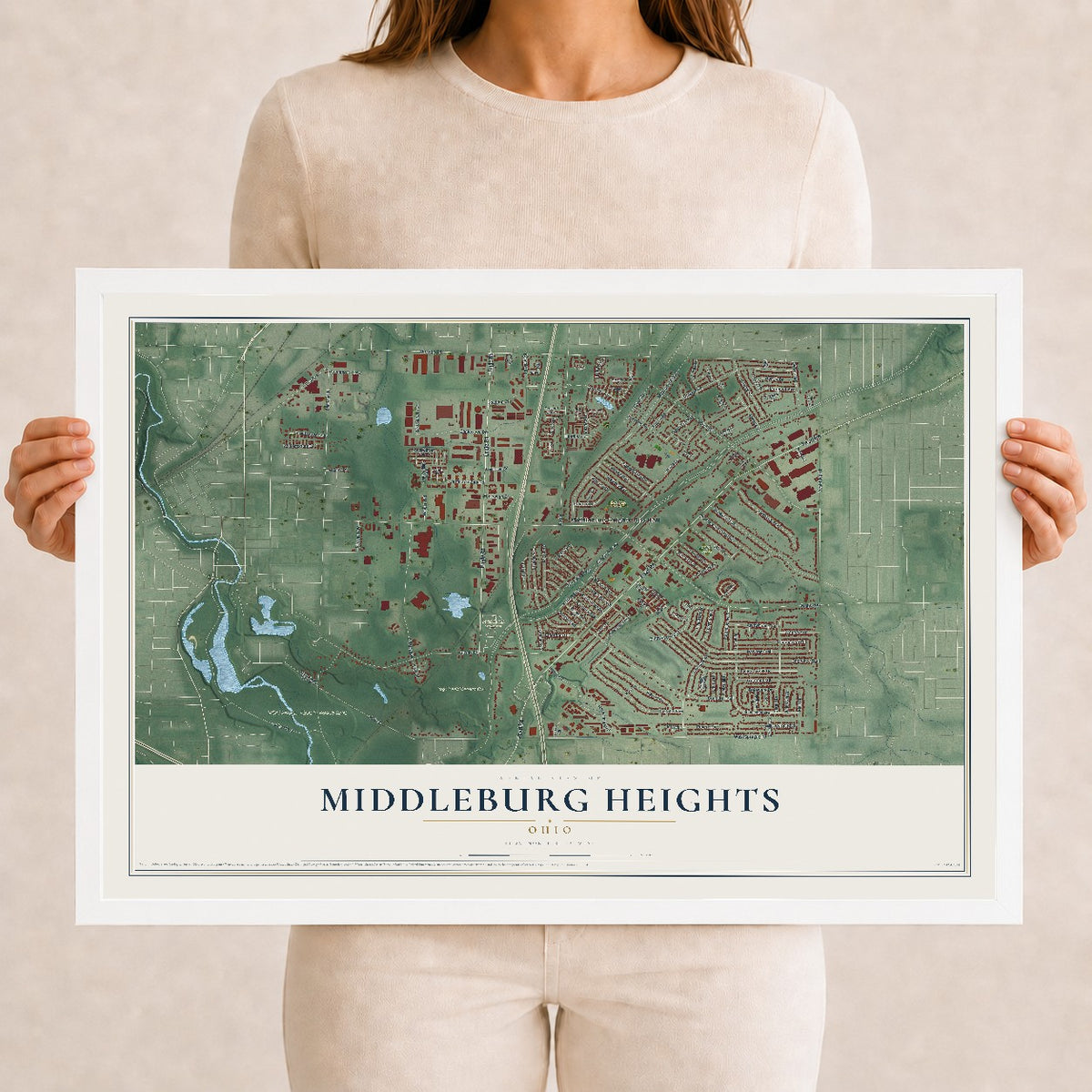 Map of Middleburg Heights, Ohio, 12 x 18 inch print in a white wood frame