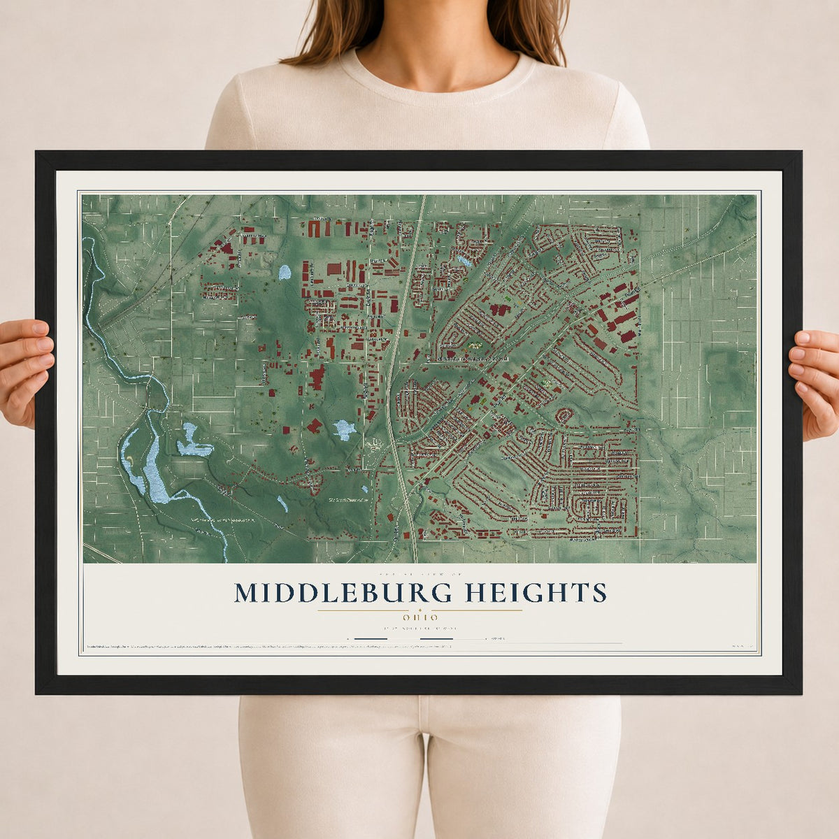 Map of Middleburg Heights, Ohio, 18 x 24 inch print in a black wood frame
