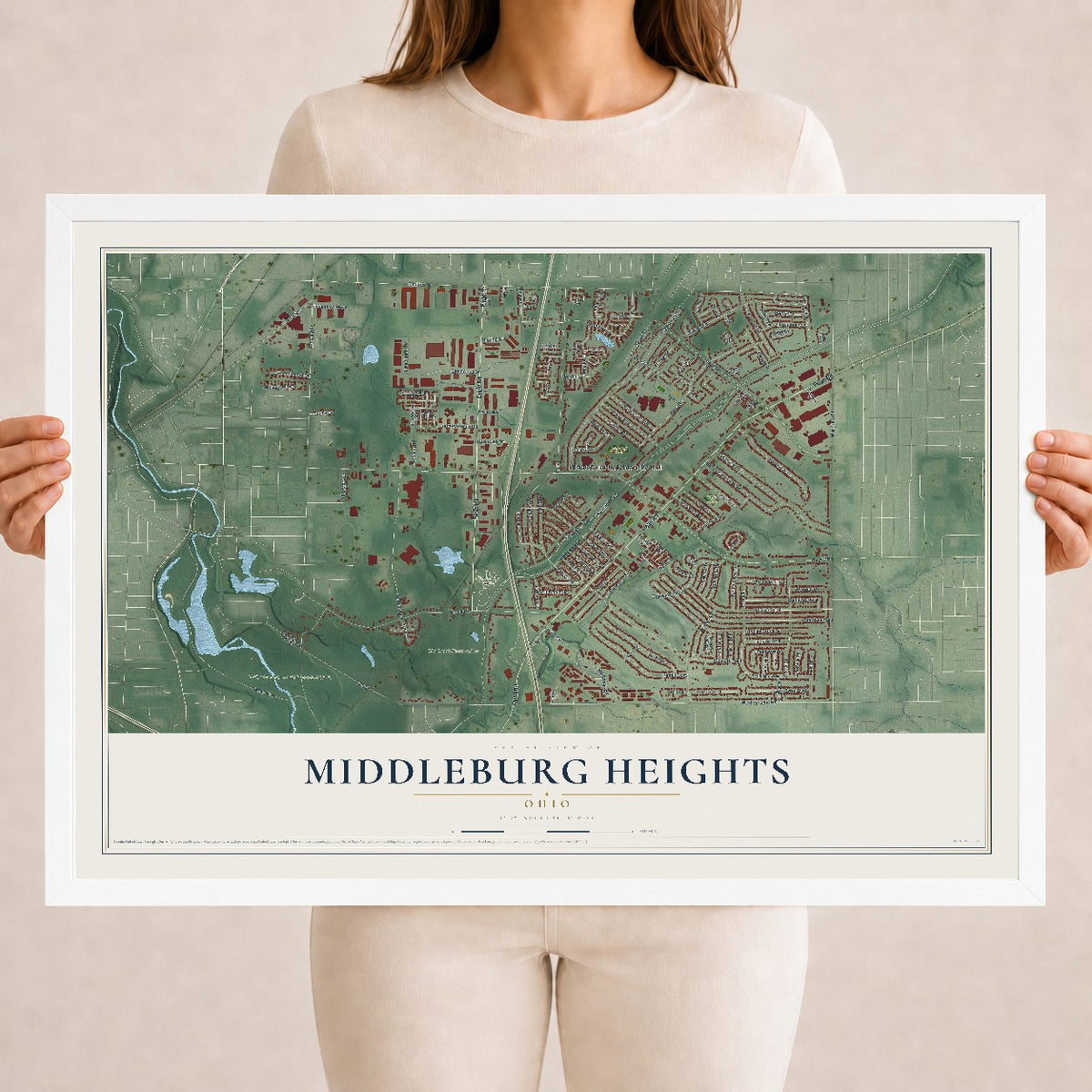 Map of Middleburg Heights, Ohio, 18 x 24 inch print in a white wood frame
