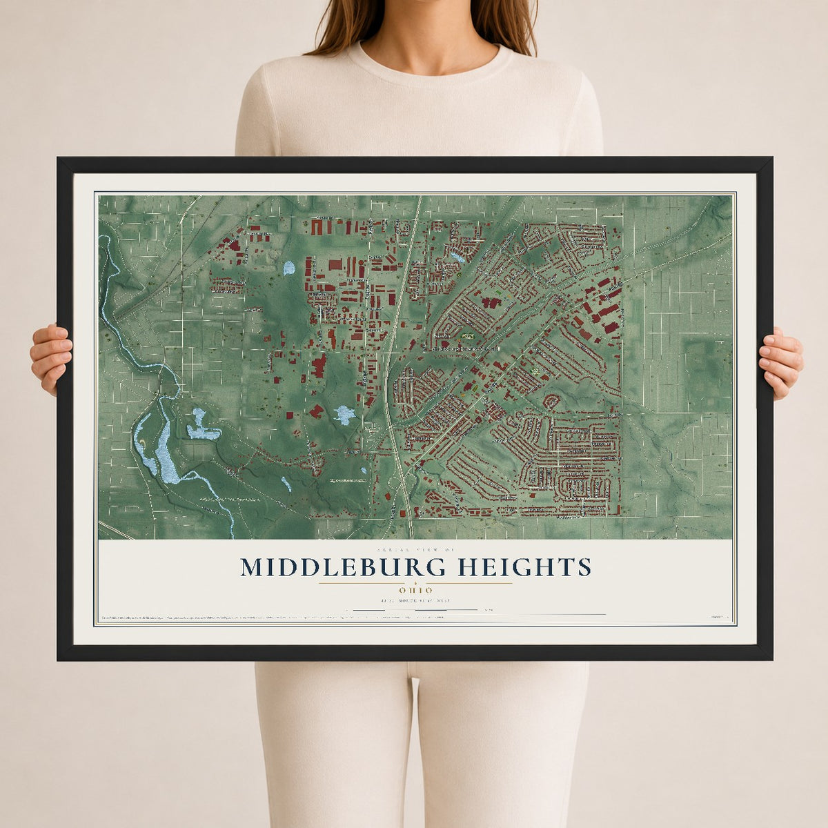 Map of Middleburg Heights, Ohio, 24 x 36 inch print in a black wood frame