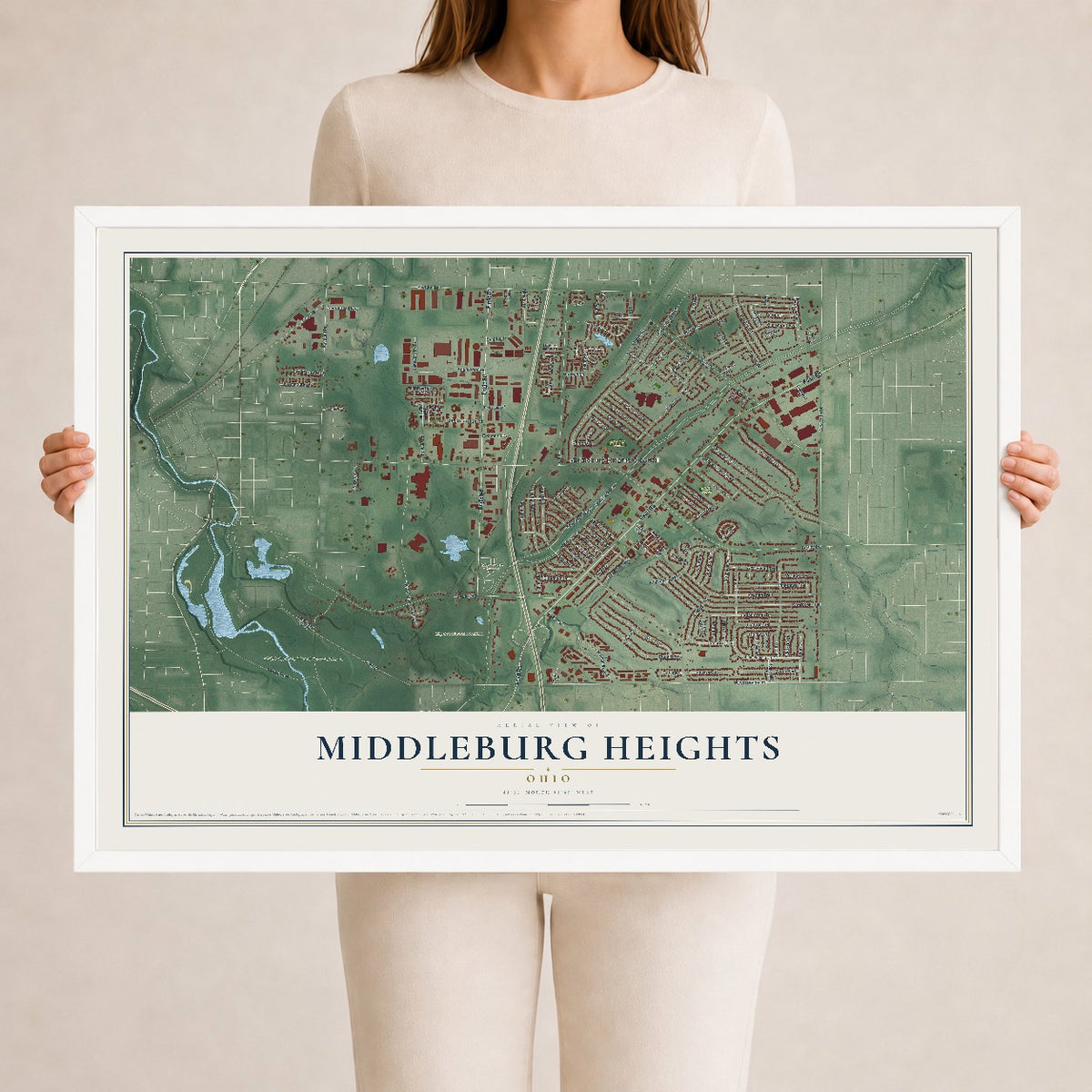 Map of Middleburg Heights, Ohio, 24 x 36 inch print in a white wood frame