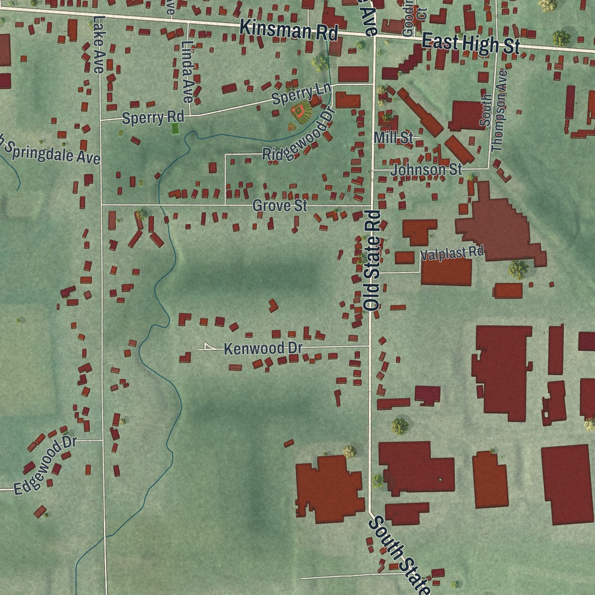 Close-up of the map of Middlefield, Ohio print showing street and building detail