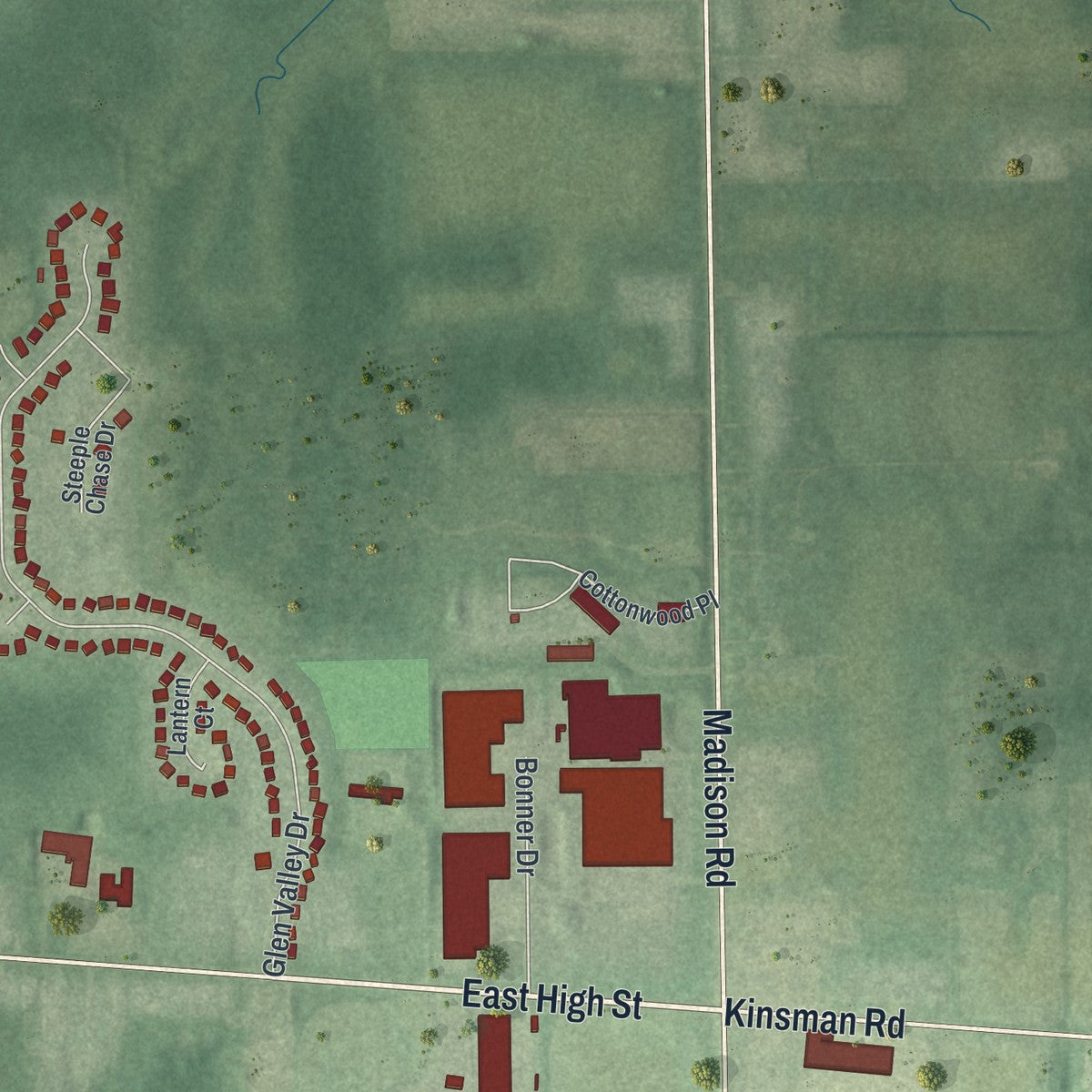 Second close-up of the map of Middlefield, Ohio print showing more streets and buildings