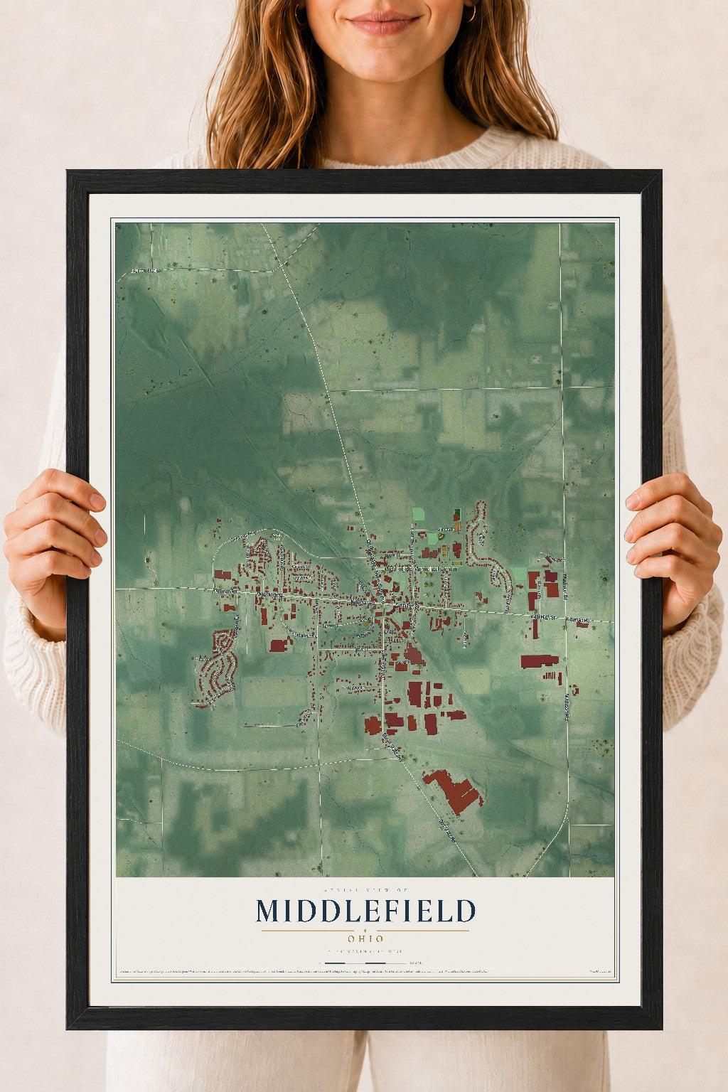 Map of Middlefield, Ohio, 18 x 24 inch print in a black wood frame
