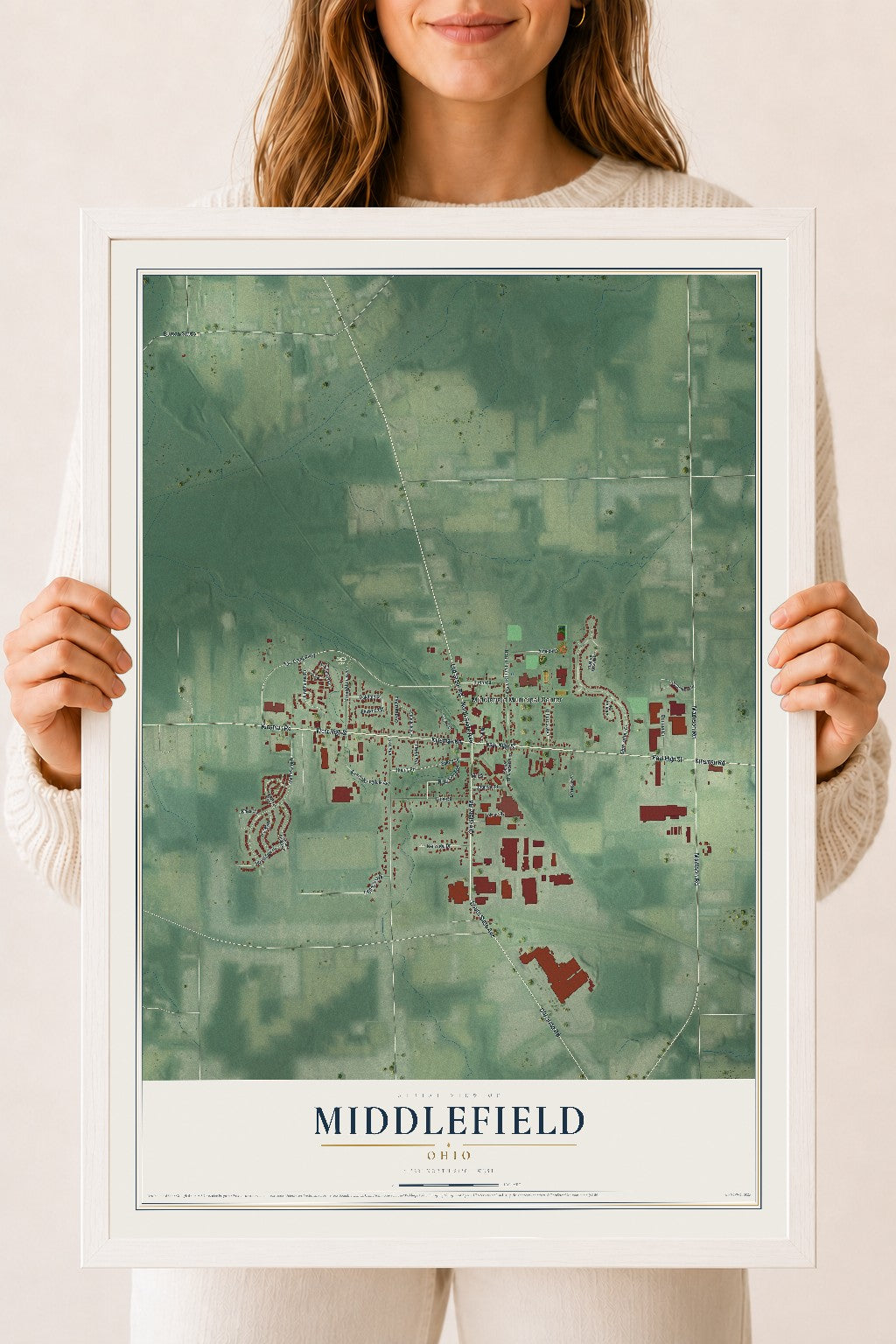 Map of Middlefield, Ohio, 18 x 24 inch print in a white wood frame