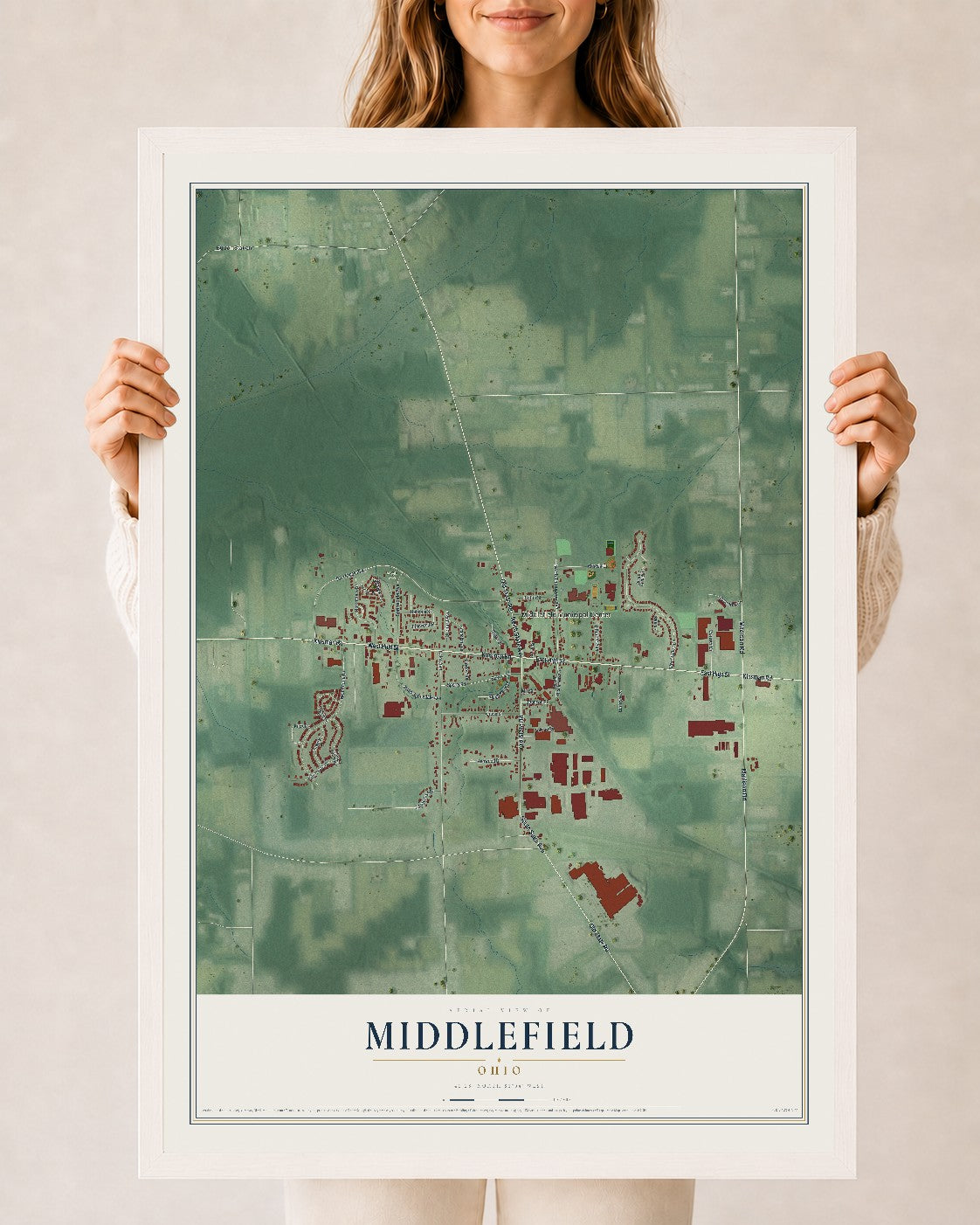 Map of Middlefield, Ohio, 24 x 36 inch print in a white wood frame