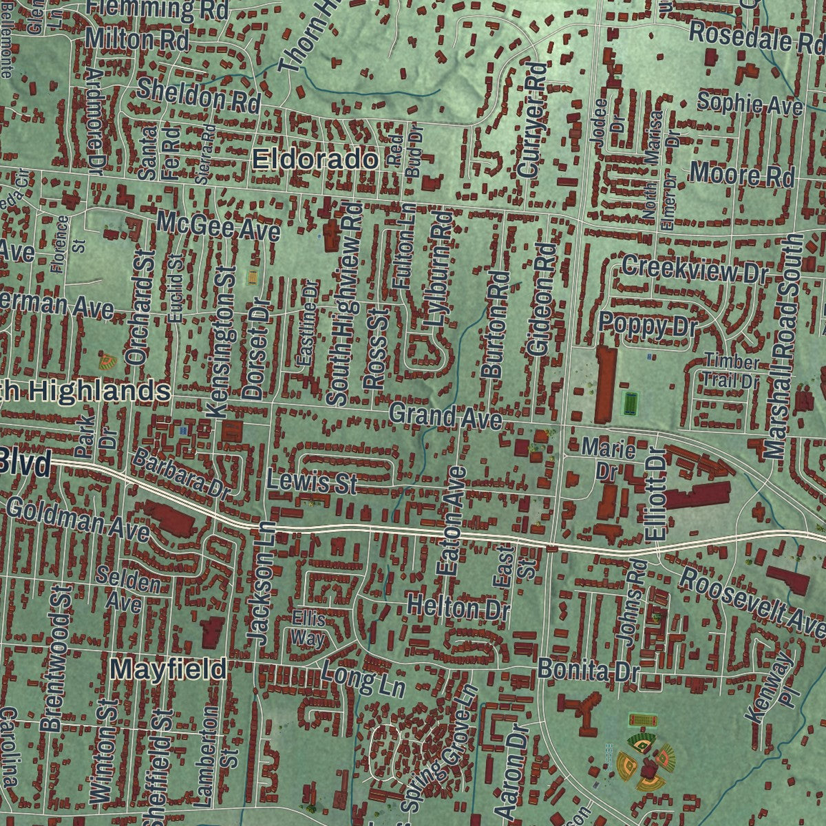 Close-up of the map of Middletown, Ohio print showing street and building detail