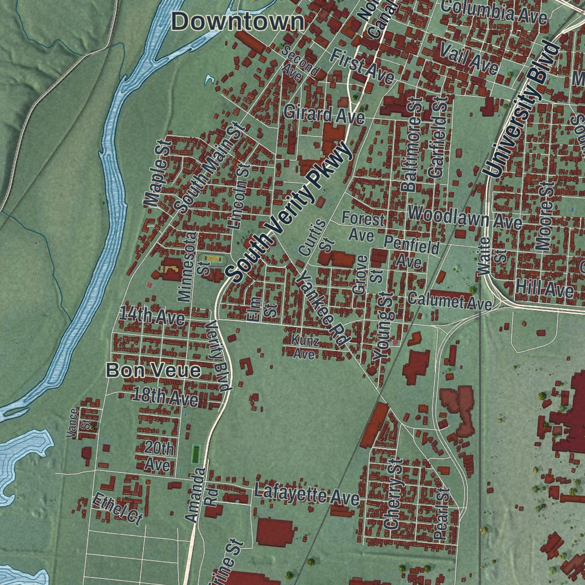 Second close-up of the map of Middletown, Ohio print showing more streets and buildings