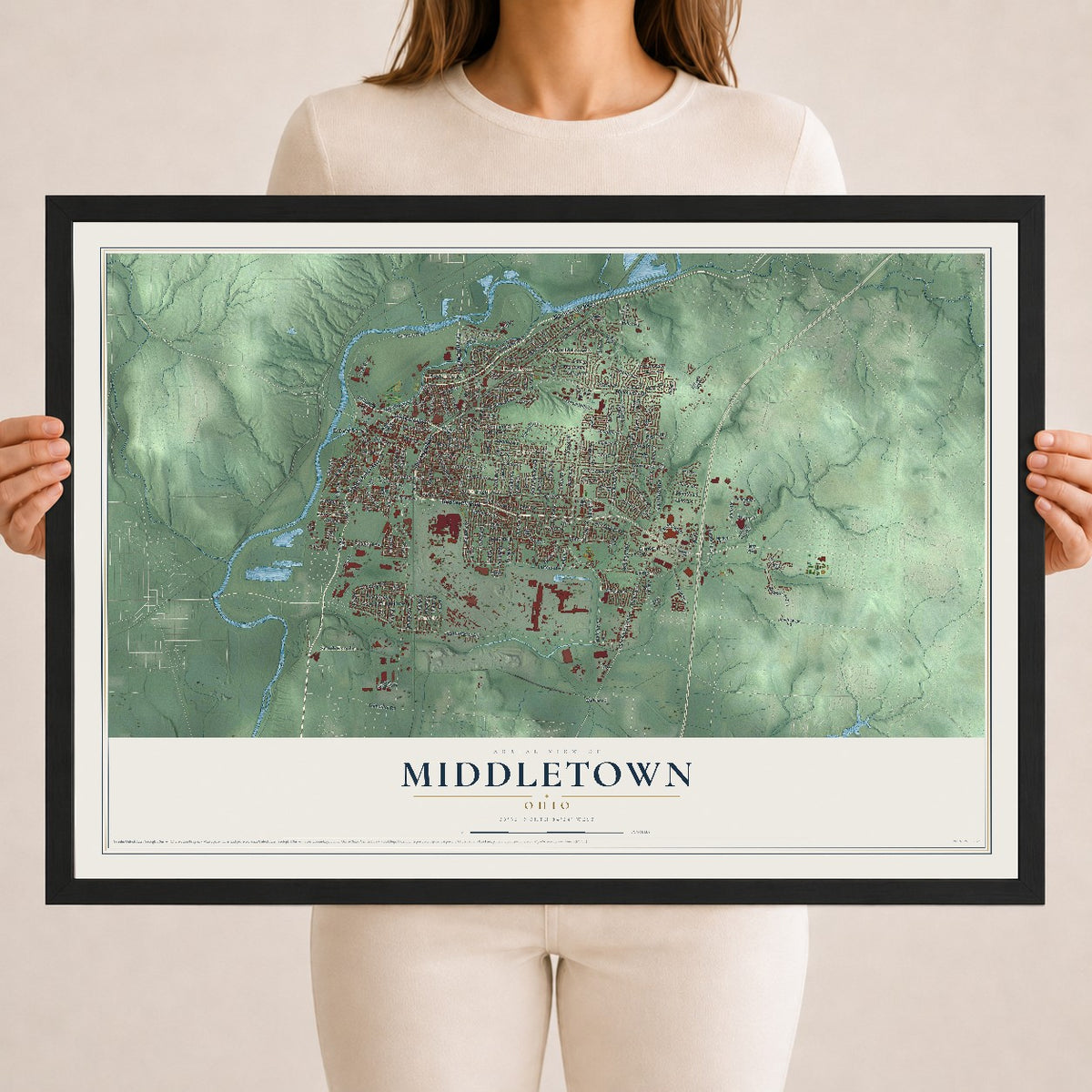 Map of Middletown, Ohio, 18 x 24 inch print in a black wood frame