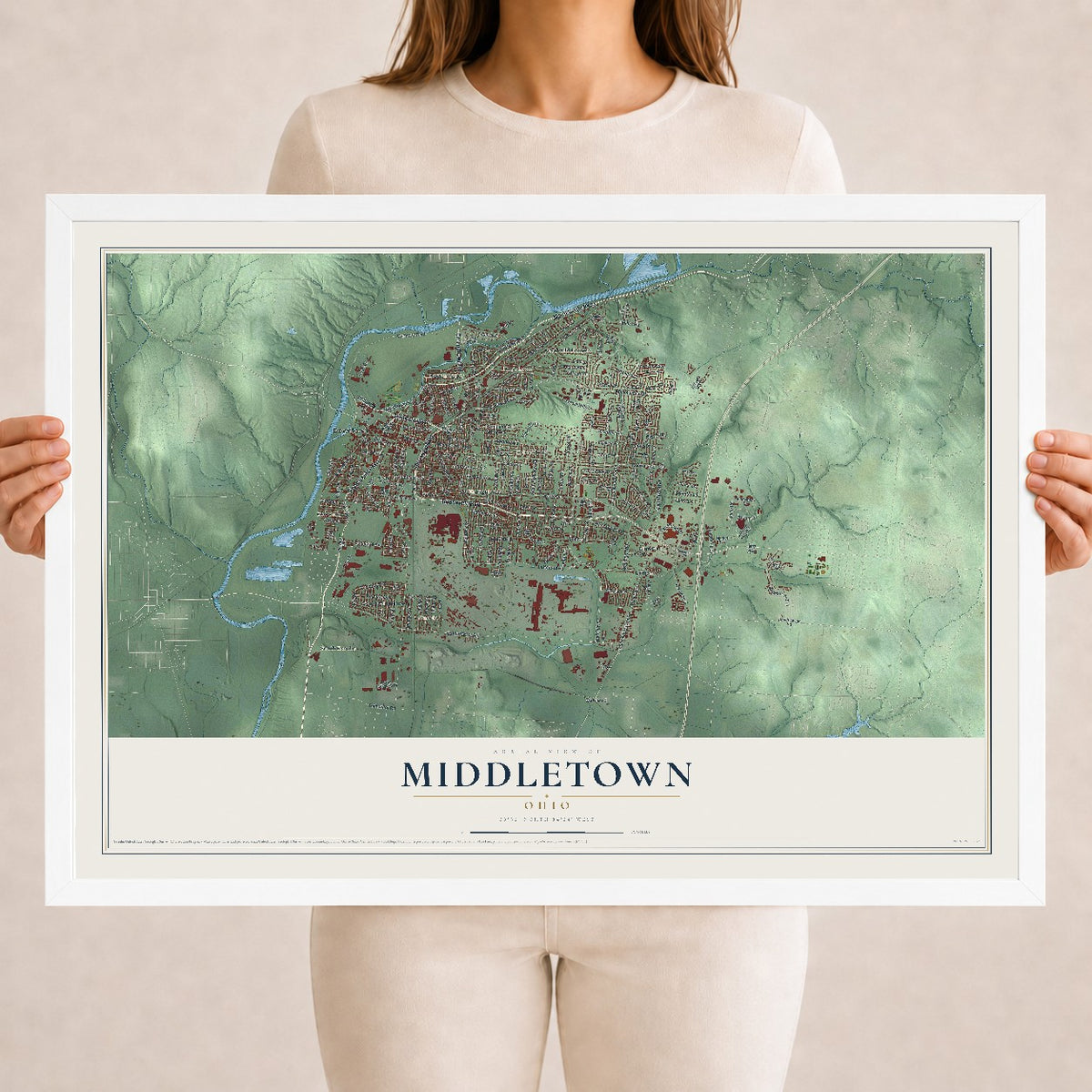 Map of Middletown, Ohio, 18 x 24 inch print in a white wood frame