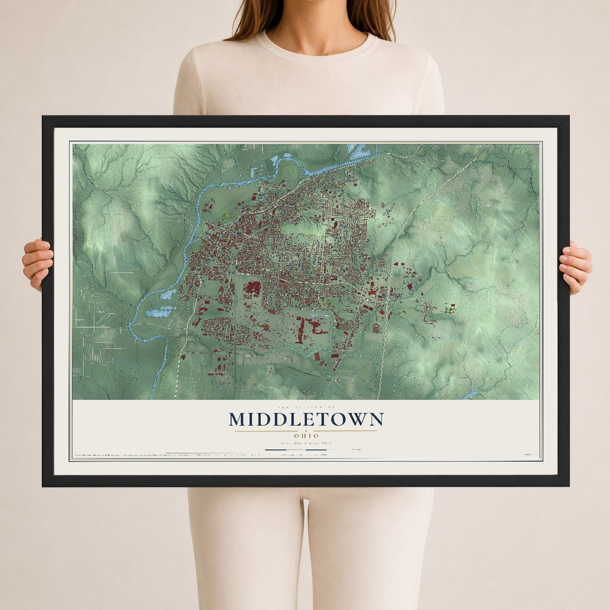 Map of Middletown, Ohio, 24 x 36 inch print in a black wood frame
