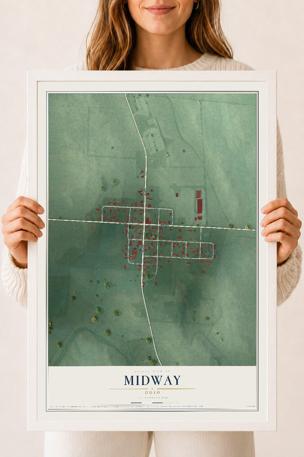 Map of Midway, Ohio, 18 x 24 inch print in a white wood frame