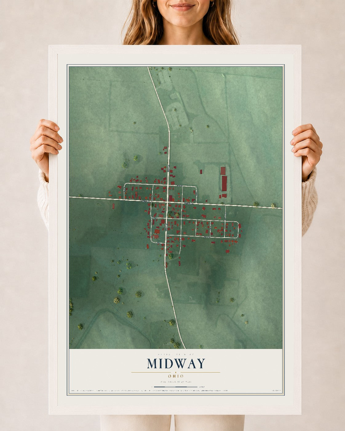 Map of Midway, Ohio, 24 x 36 inch print in a white wood frame