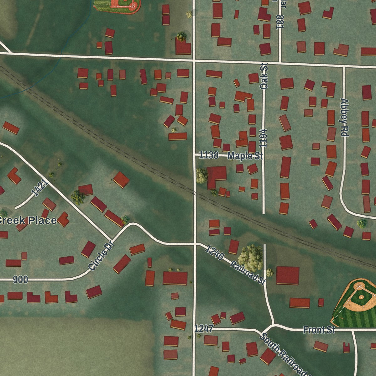 Close-up of the map of Millbury, Ohio print showing street and building detail