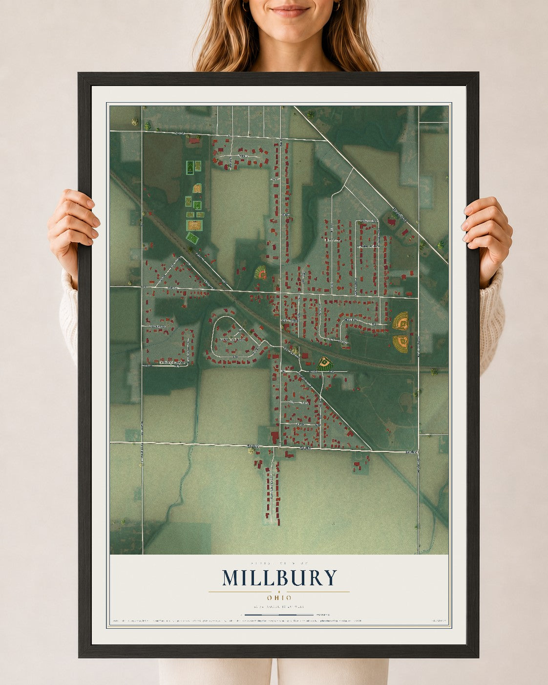 Map of Millbury, Ohio, 24 x 36 inch print in a black wood frame