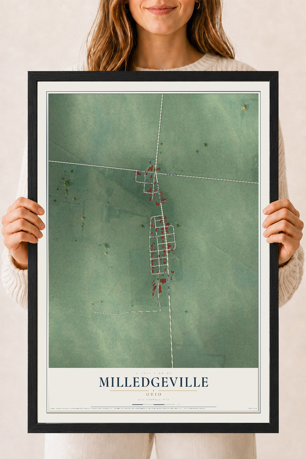 Map of Milledgeville, Ohio, 18 x 24 inch print in a black wood frame