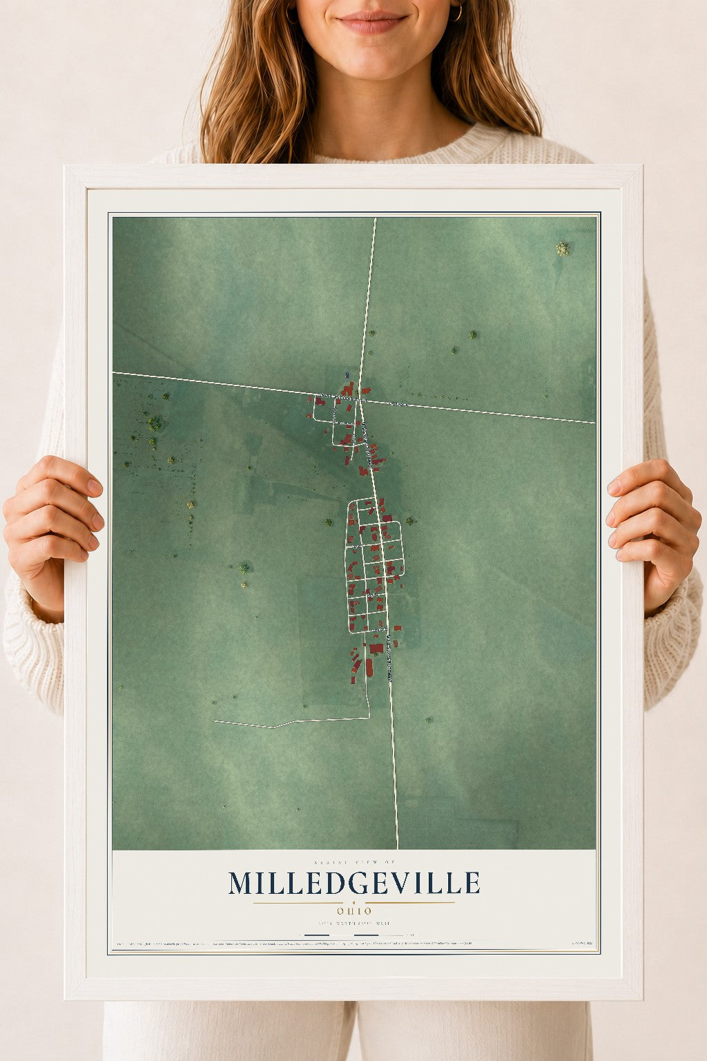 Map of Milledgeville, Ohio, 18 x 24 inch print in a white wood frame