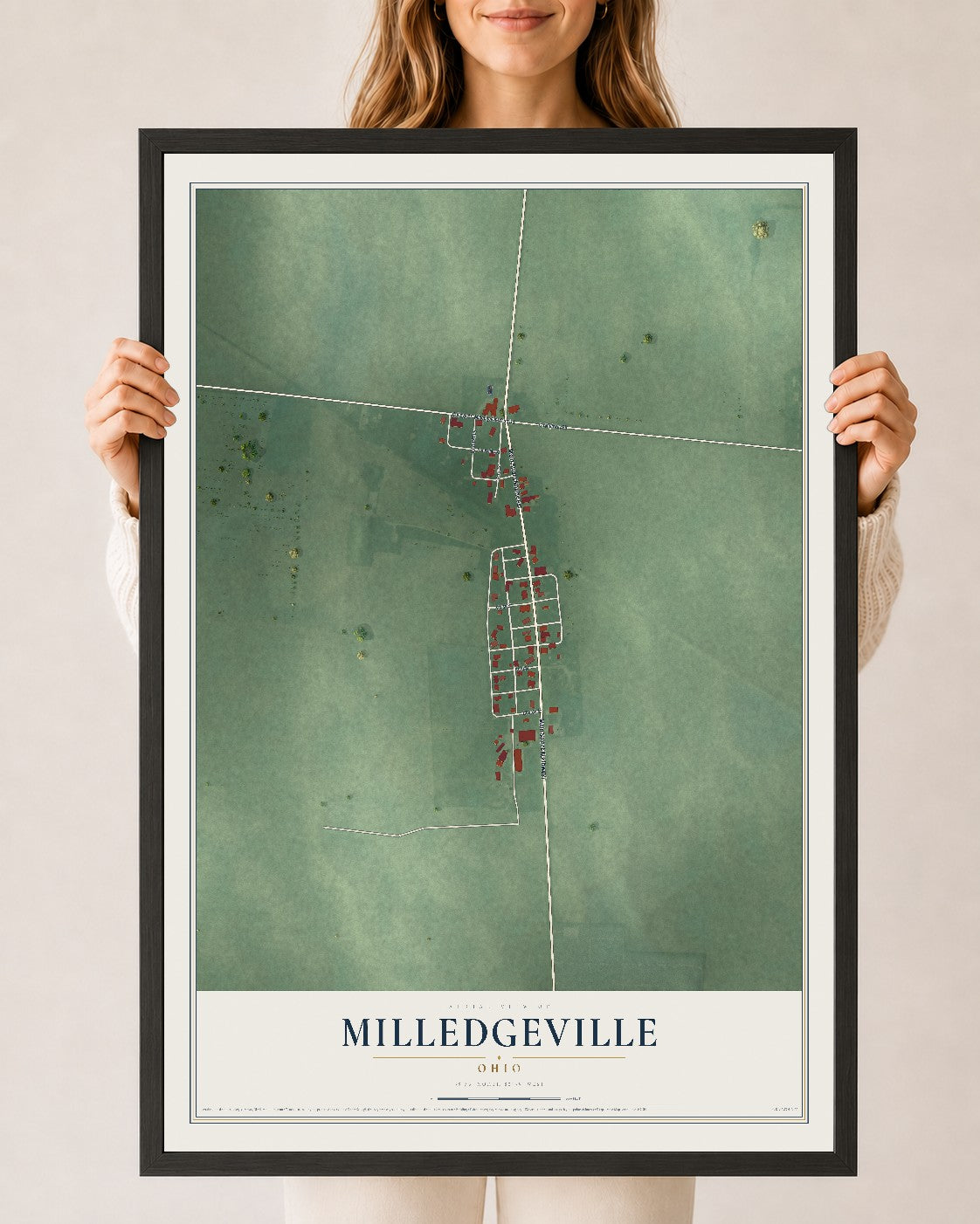 Map of Milledgeville, Ohio, 24 x 36 inch print in a black wood frame