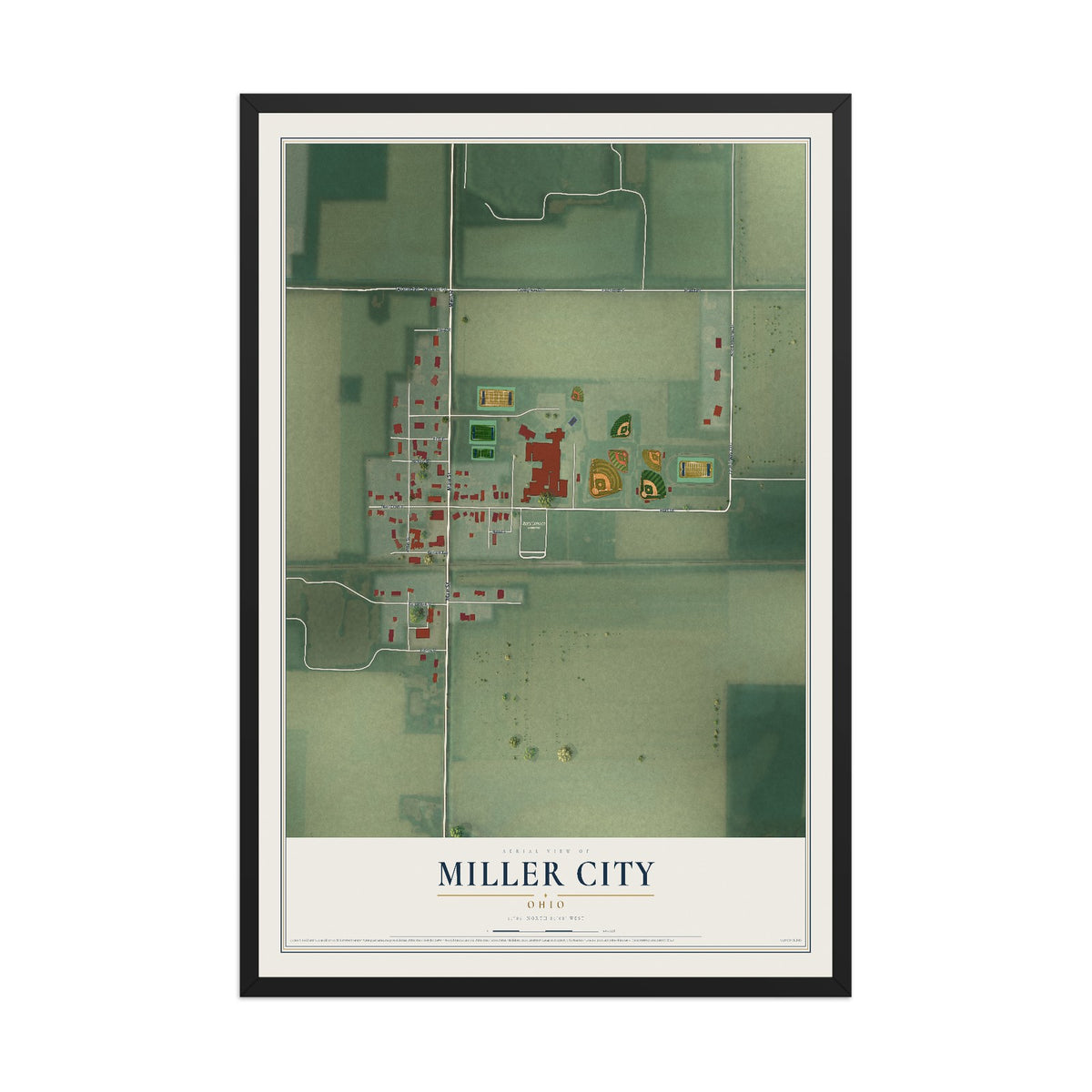 Map of Miller City, Ohio, 12 x 18 inch print in a black wood frame