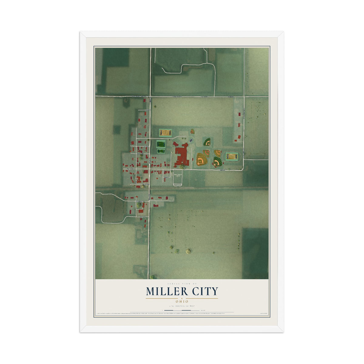 Map of Miller City, Ohio, 12 x 18 inch print in a white wood frame