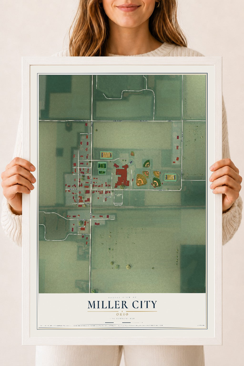 Map of Miller City, Ohio, 18 x 24 inch print in a white wood frame