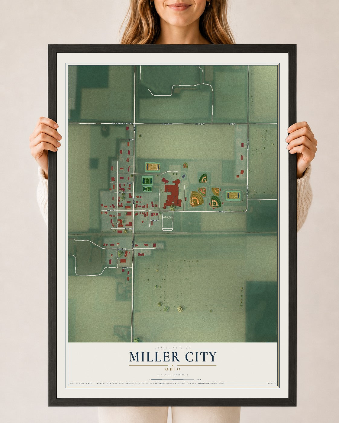 Map of Miller City, Ohio, 24 x 36 inch print in a black wood frame