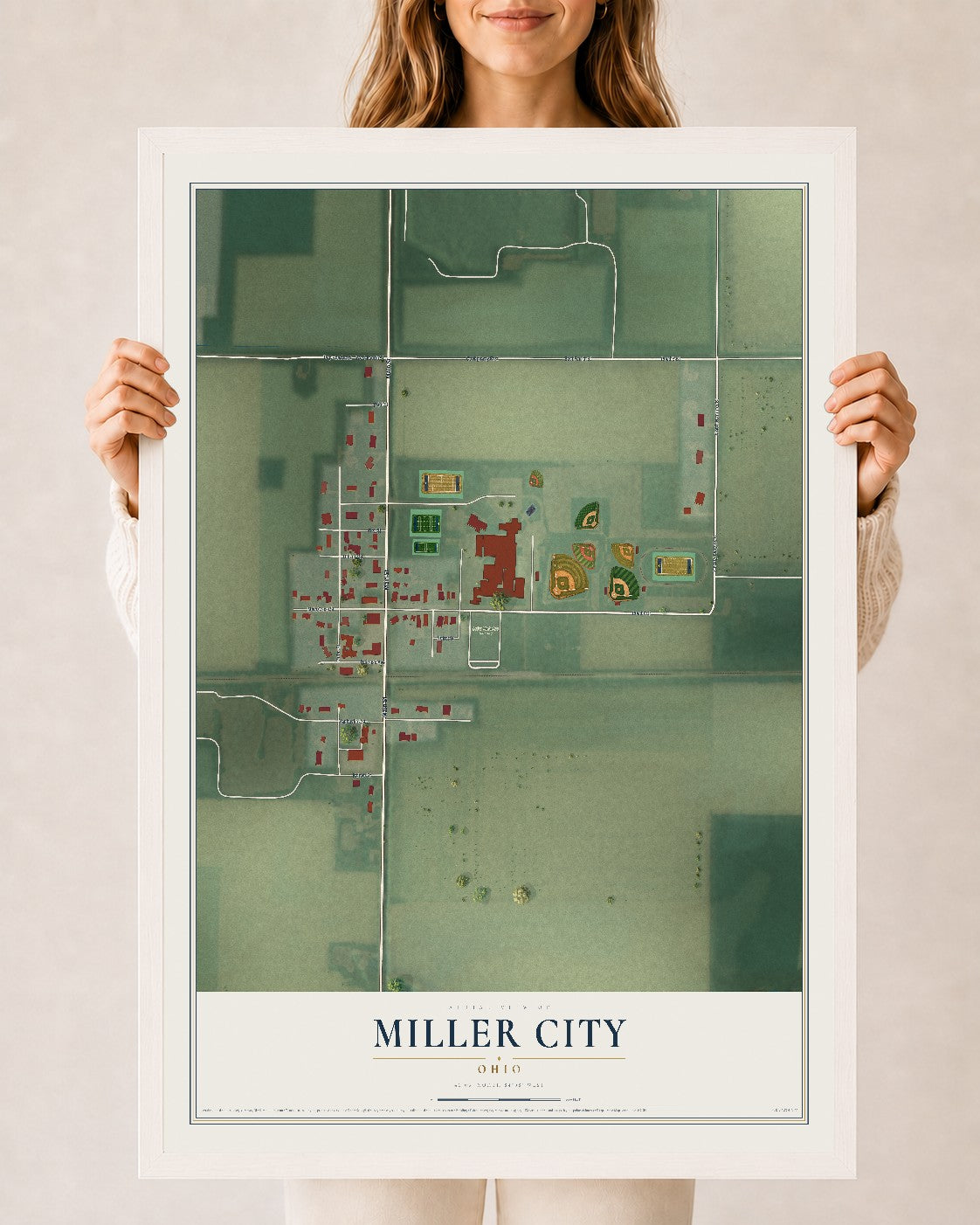 Map of Miller City, Ohio, 24 x 36 inch print in a white wood frame