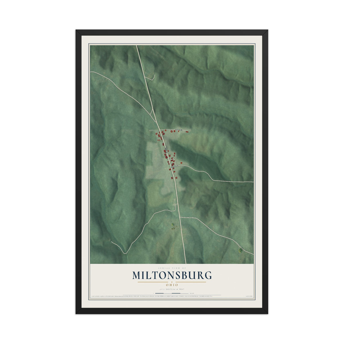Map of Miltonsburg, Ohio, 12 x 18 inch print in a black wood frame