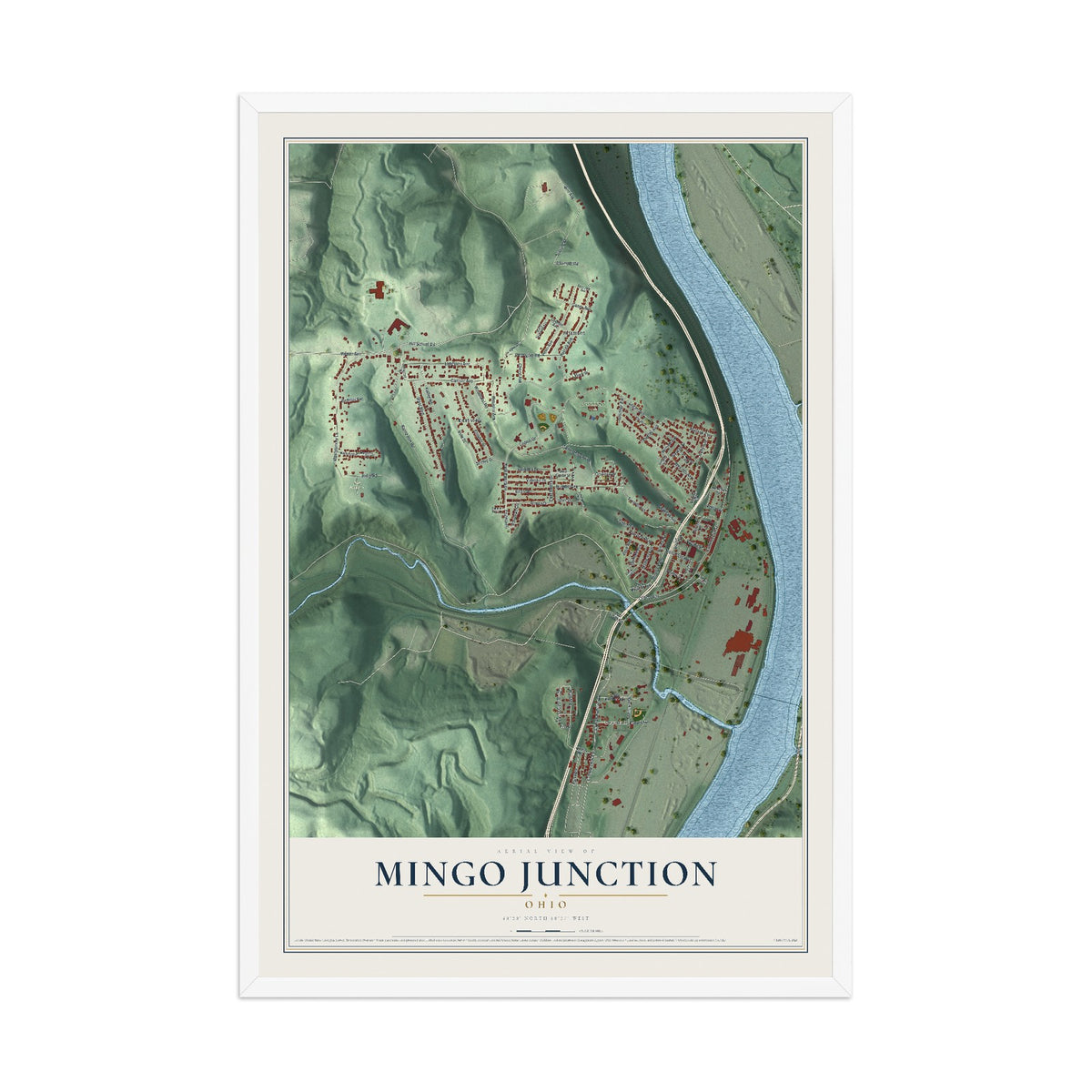 Map of Mingo Junction, Ohio, 12 x 18 inch print in a white wood frame