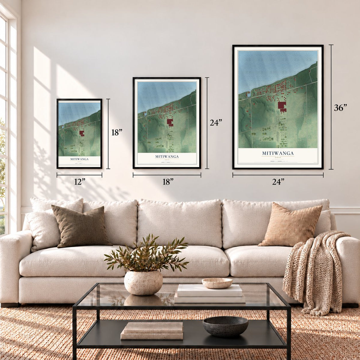 Mitiwanga, Ohio map in 12 x 18, 18 x 24 and 24 x 36 inch sizes above a sofa
