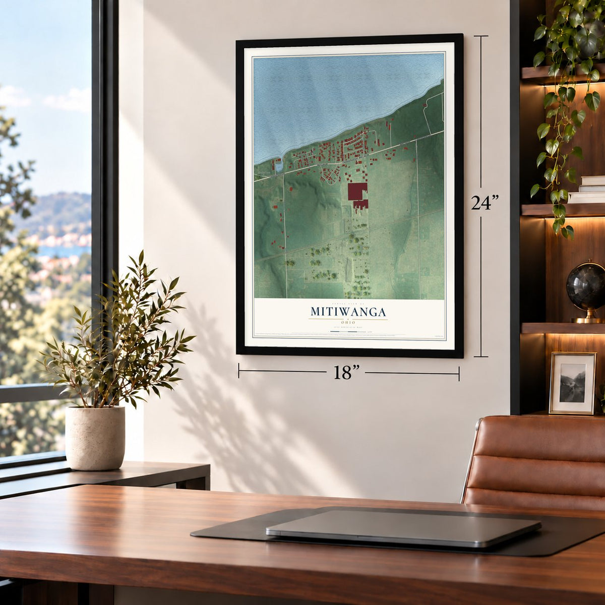 Mitiwanga, Ohio map, 18 x 24 inch print in a black frame in a home office