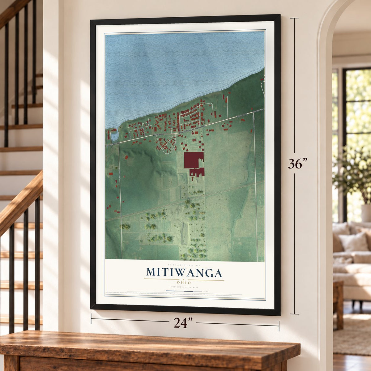 Mitiwanga, Ohio map, 24 x 36 inch print in a black frame by a staircase