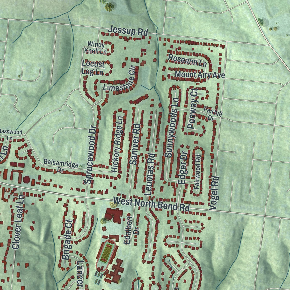 Second close-up of the map of Monfort Heights, Ohio print showing more streets and buildings